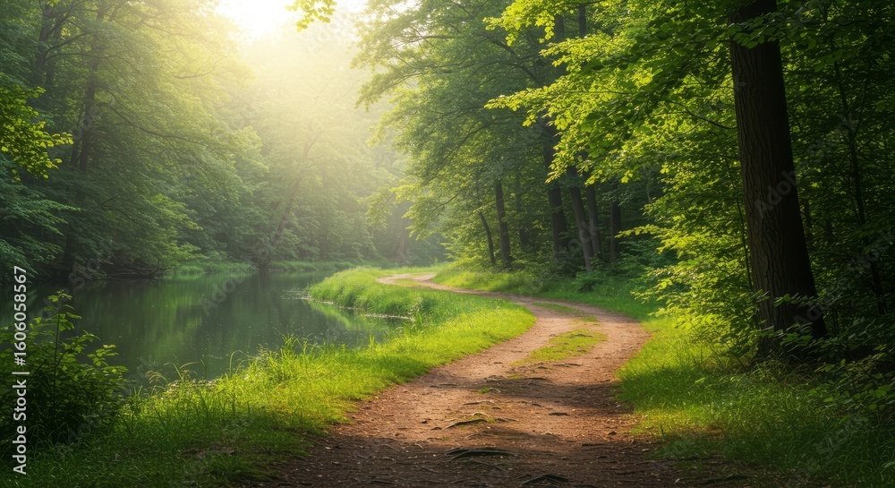 Fototapeta premium Golden Hour Over Riverbank Trail