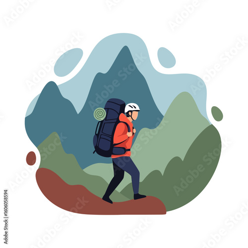 An illustration of a hiker with a large backpack and helmet walking along a mountain trail.