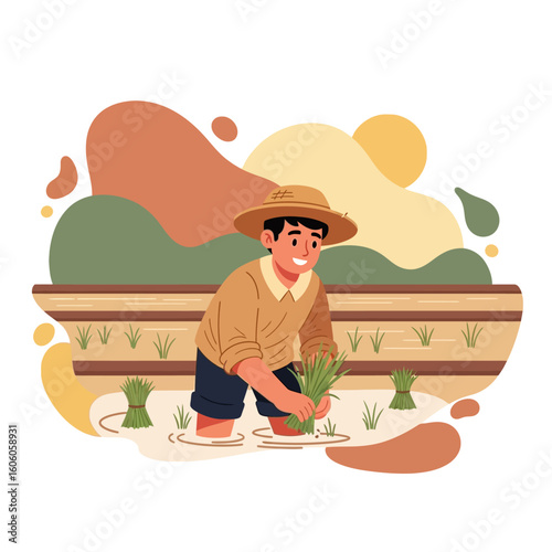 An illustration of a young Asian farmer planting rice seedlings in a flooded paddy field.