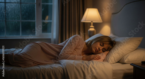 Young woman sleeping peacefully in a comfortable bed at night, with a soft lamp illuminating the cozy bedroom.