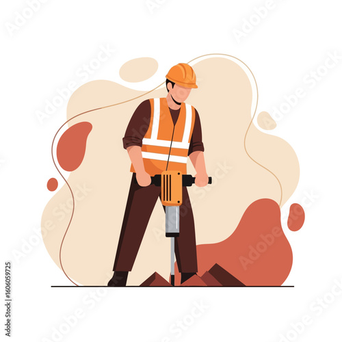 A construction worker wearing a safety vest and helmet uses a jackhammer to break ground in a flat vector illustration.