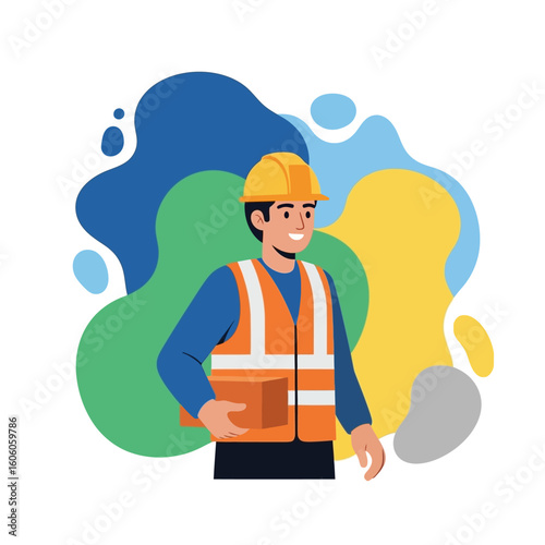 A cheerful construction worker in a hard hat and safety vest holding a package against an abstract background.