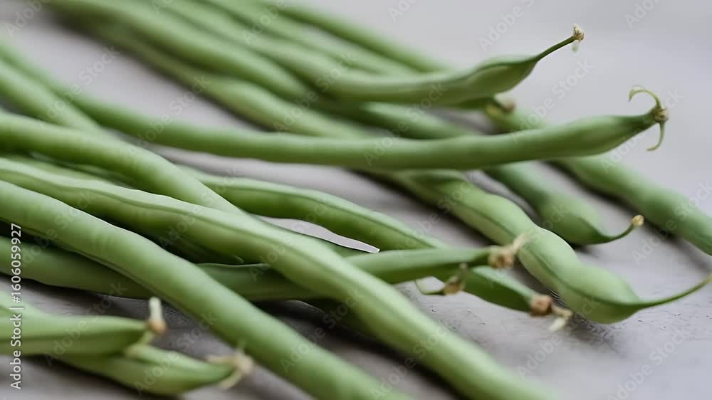 Close-up of long green beans on cloth at open-air traditional market with natural daylight Close-up of long green beans on cloth at open-air traditional market with natural daylight