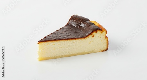 Basque burnt cheesecake slice with dark crust isolated with minimalistic presentation for dessert imagery