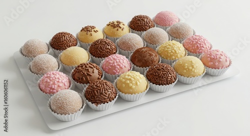 tray of pastel-colored brigadeiros from Brazil isolated on white background for confectionery and dessert presentations