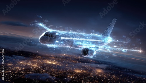 Digital airplane flies over illuminated city at night