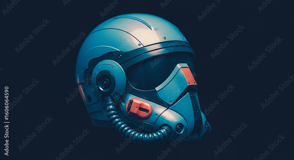 Fototapeta premium Futuristic Headgear An Angular, Blue and Orange Helmet Isolated on Dark Background