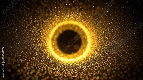Bright, glowing golden circles form an abstract fractal pattern, evoking a fiery sun or distant galaxy in the dark expanse of space
