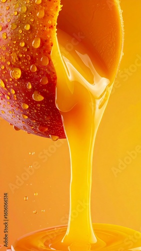 Closeup Mango Juice Pouring Over Slice in Vibrant Orange Background