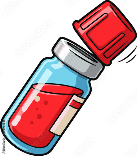 Cartoon blood vial with detached red cap and label, angled view