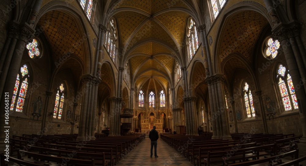 Obraz premium Cathedral grandeur: Contemplation amidst towering arches and stained glass splendor