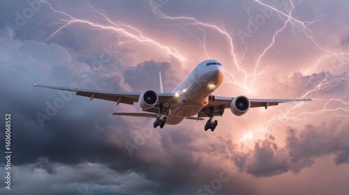 Close-up view of a commercial airplane flying through dramatic thunderstorm with a lightning strike in the background, set against a dark, stormy sky with turbulent clouds  intense atmospheric tension