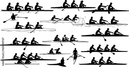 rowing silhouette collection set. water sport, race, transport, teamwork concept. different action, pose. monochrome vector illustration.	
