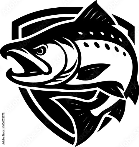 Spawning Coho Salmon Shield Logo – Bold Black and White Vector Emblem for River Fishing Charters
