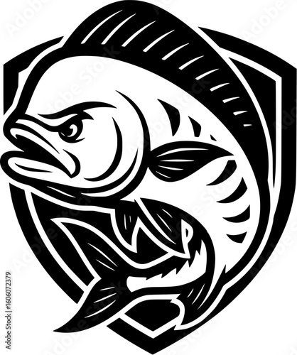 Mahi Mahi Shield Logo – Bold Black and White Vector Emblem for Offshore and Deep Sea Fishing Charters