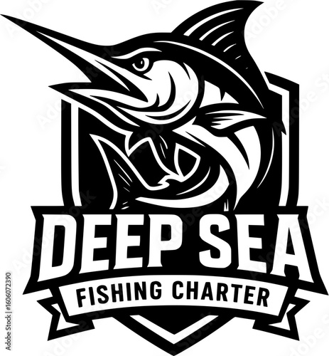 Marlin Logo – Bold Black and White Crest Design for Offshore Fishing Charters