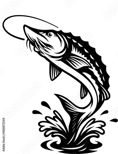 Jumping Sturgeon Logo – Bold Black and White River Fishing Vector for Charter Guides