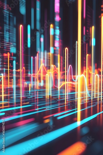 Abstract neon cityscape data flow visualization