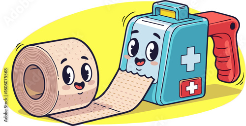 Cartoon First-Aid Kit and Roll of Bandages with Friendly Expressions