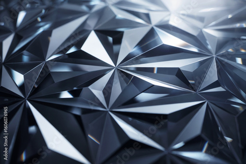 A close-up macro photograph of a geometric crystalline surface with sharp angular patterns. 