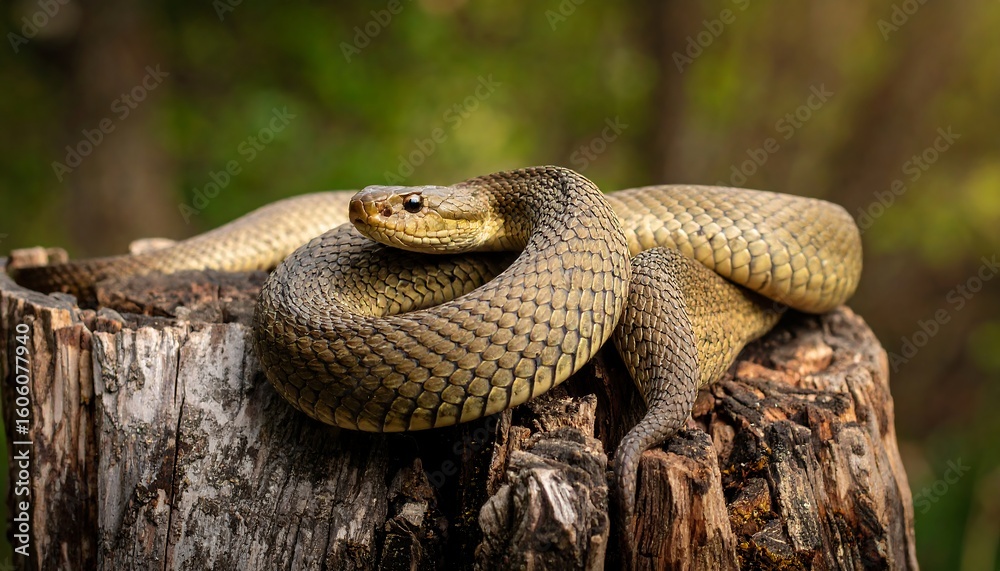 Fototapeta premium A snake coiled on a tree stump in a forest