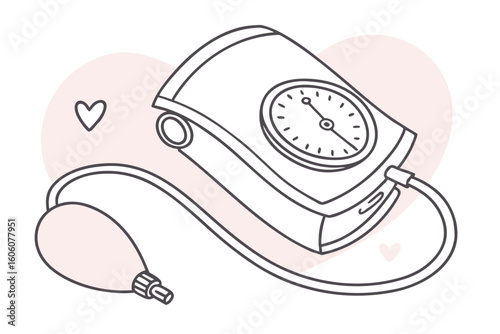 Blood Pressure Monitor Illustration with Heart Accents for Healthcare and Wellness
