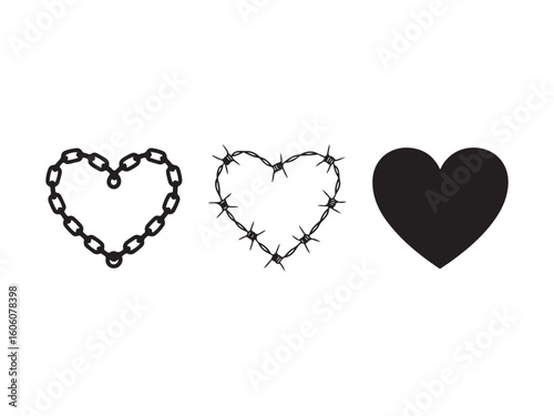 Three heart shapes chain barbed wire and solid silhouette vector isolated on white background