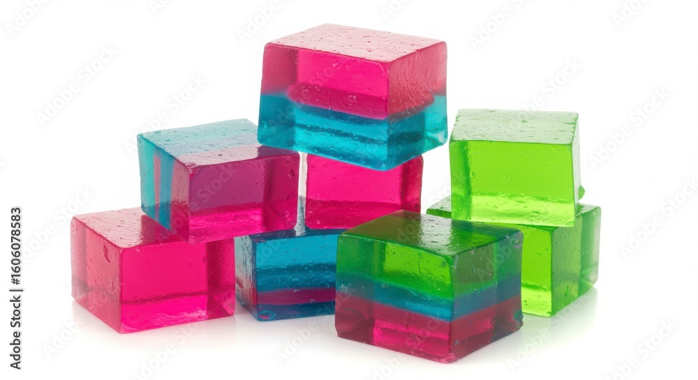 Obraz premium Isolated layered jello cubes in retro neon colors on a white background for creative use