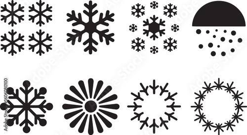 A beautiful collection of snowflake designs and winter-themed patterns, featuring various styles of snowflakes, flurries, and circular snow patterns.