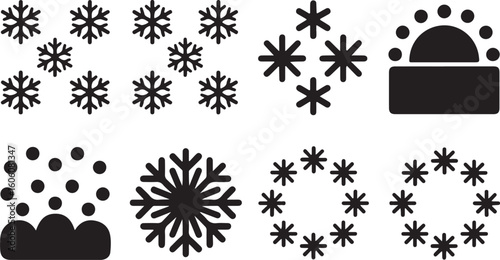 A beautiful collection of snowflake designs and winter-themed patterns, featuring various styles of snowflakes, flurries, and circular snow patterns.