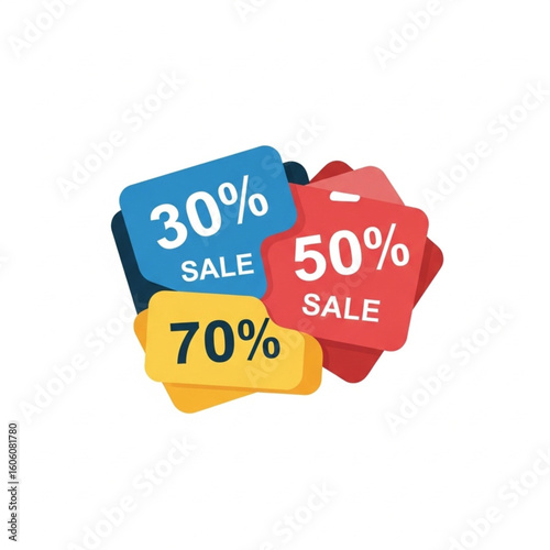 Colorful sale tags with various percentage discounts, arranged in a graphic design.