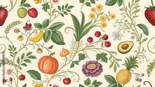 Seamless Vintage Fruit and Floral Pattern – Botanical Illustration on Light Background