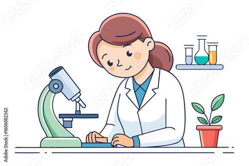 Scientist in Lab with Microscope and Plant Illustration Science and Research