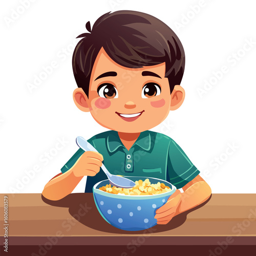 A cute smiling boy enjoying a healthy breakfast cereal. Vector illustration of a happy child eating from a bowl.