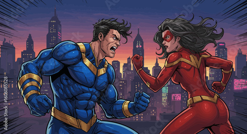 Dynamic clash of superheroes in an urban cityscape, showcasing action and strength