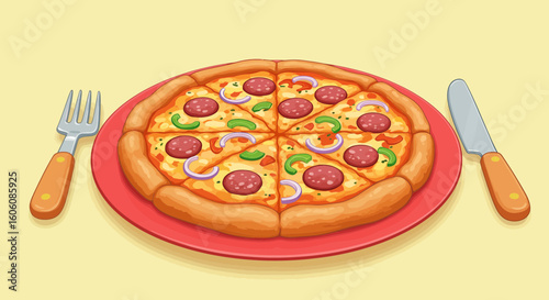 Cartoon style pepperoni pizza served on a red plate with cutlery beside it