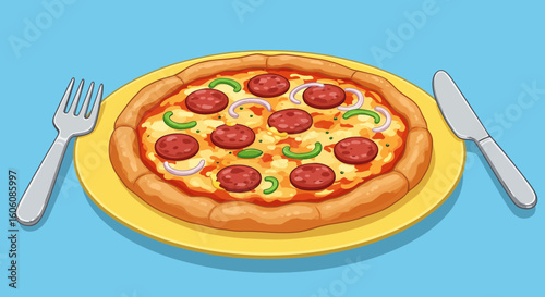 Delicious Cartoon Pizza on a Plate with Cutlery Ready to be Served Meal