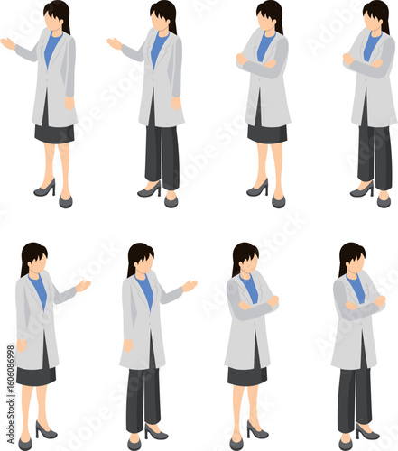 白衣を着た女性のセット_アイソメトリックイラスト