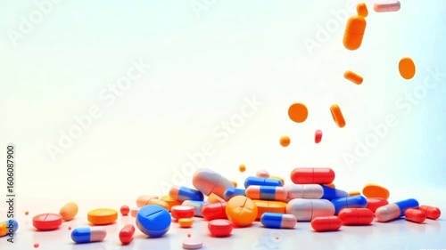 mesmerizing illustration of various tablets and capsules in different shapes and sizes tumbling downwards in a fluid motion, with the topmost ones suspended mid-air