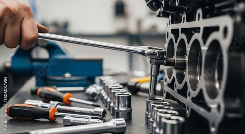 Mechanic meticulously repairing an engine block, using tools and precision.