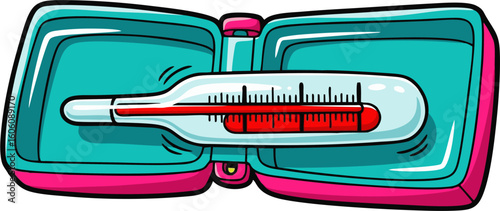 Cartoon thermometer in a turquoise and pink case, showing a fever temperature