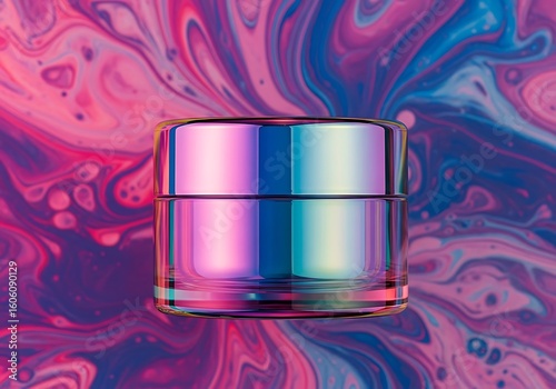 Iridescent skincare product jar mockup on abstract background for beauty and cosmetic product promotion