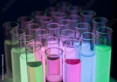 Colorful chemistry lab test tubes science experiment research medical laboratory equipment and solutions analysis