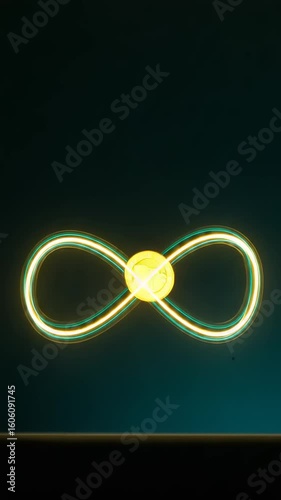 Golden coin on infinity symbol against dark background