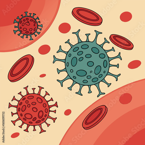 Microscopic view of virus cells spreading in the bloodstream generated by ai