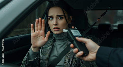 Anxious Woman Rejects Breathalyzer Test with Raised Hand in a Grey Car with Officer Holding Device