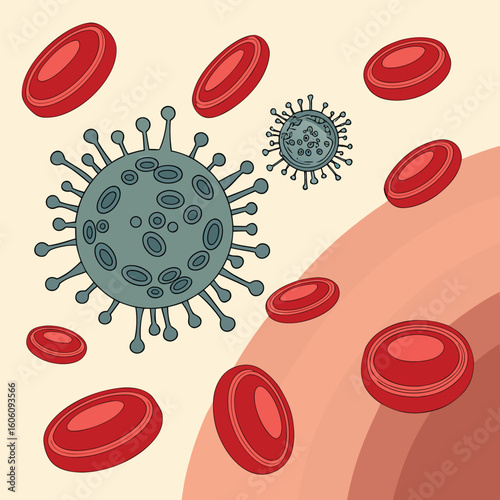 Microscopic view of virus cells spreading in the bloodstream generated by ai