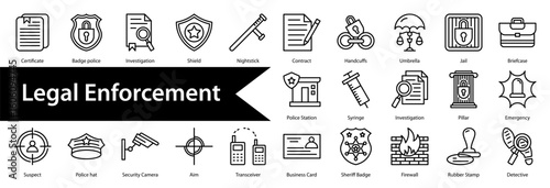 Legal Enforcement Icon Collection Set. Containing: 

Police Station,Gavel,Justice Scale,Jail,Prisoner,Police Shield,Contract,Briefcase,Padlock,Handcuffs,Police Shield,Jury,Investigation,Sheriff Badge