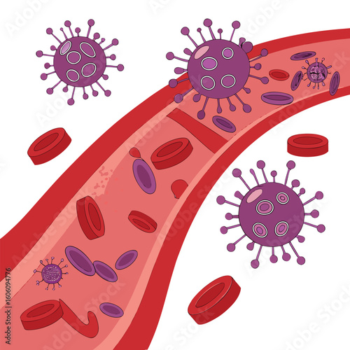 Microscopic view of virus cells spreading in the bloodstream generated by ai