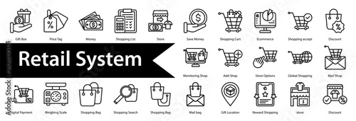 Retail System Icon Collection Set. Containing: Gift Box ,Price Tag,Money,Shopping List,Store,Save Money,Shopping Cart,Ecommerce,Shopping accept,Shopping Bag,Monitoring Shop,Add Shop,Store Options